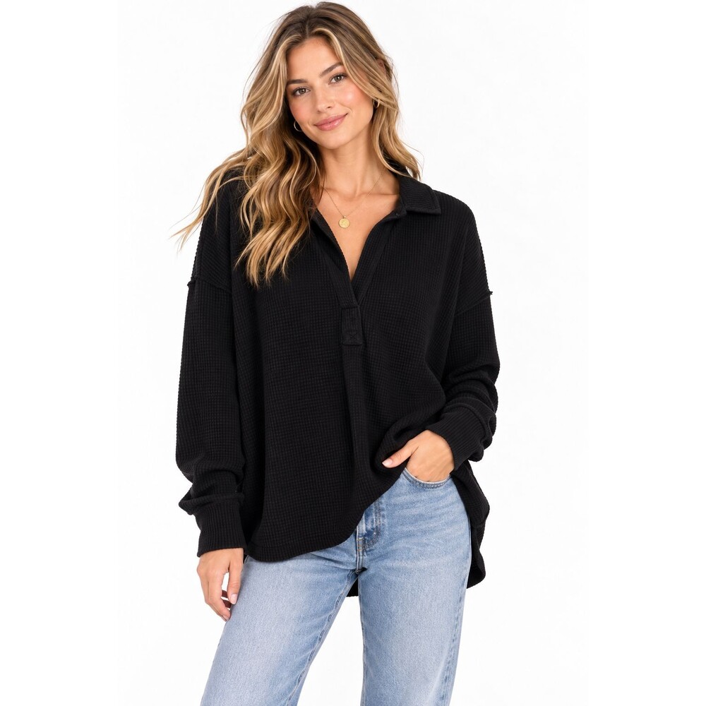 Aerie Cozy Up Waffle Polo Sweater Medium Black V-Neck Top Relaxed Fit Slouchy